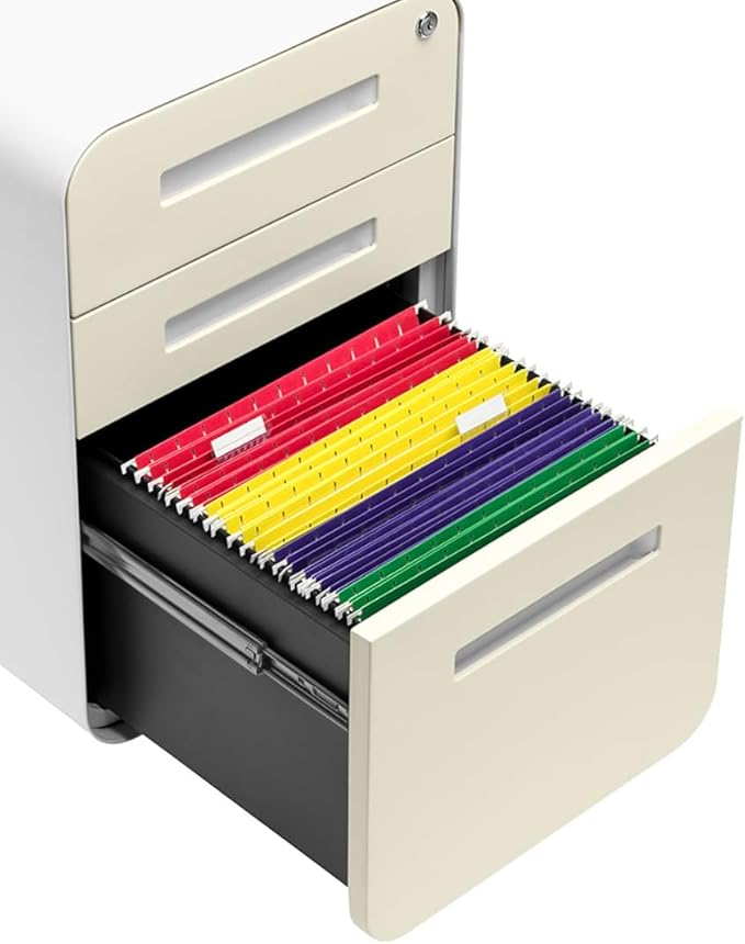 Laura Davidson Furniture Stockpile 3 Drawer File Cabinet with Lock - Under Office Desk Metal Filing Cabinet, Legal/Letter File Folders, Wheels and Stationary Feet, Pre-Assembled, Ivory