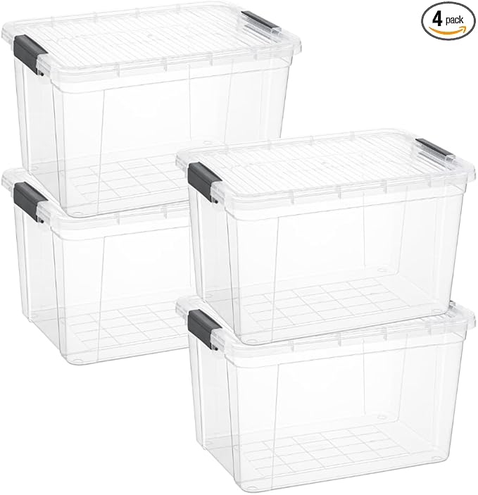 Superio Clear Storage Boxes with Lids, 14.25 Quart Plastic Container Bins for Organizing, Stackable Crates, BPA Free, Non Toxic, Odor Free, Organizers for Home, Office and Dorm, 4 Pack