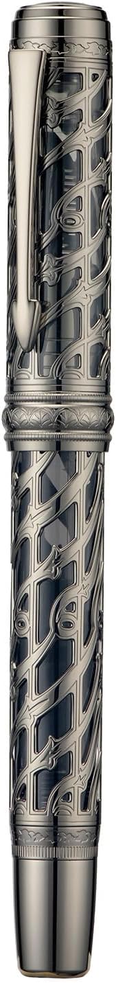 Hongdian A6 Piston Fountain Pen Extra Fine Soft Nib, Jet Black Hollow Skeleton & Resin Pen with Metal Case Set