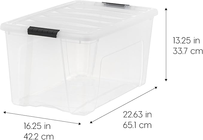 IRIS USA 72 Qt Stackable Plastic Storage Bins with Lids, 6 Pack - BPA-Free, Made in USA - See-Through Organizing Solution, Latches, Durable Nestable Containers, Secure Pull Handle - Clear