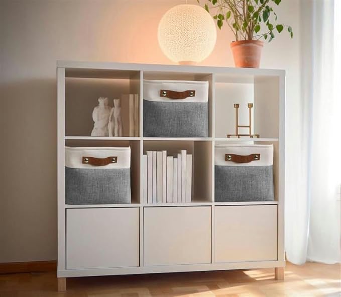 DECOMOMO Storage Baskets for Shelves - Fabric Storage Bins, Linen Closet Organizers and Storage (Slate Grey & White, Large - 3 Pack)