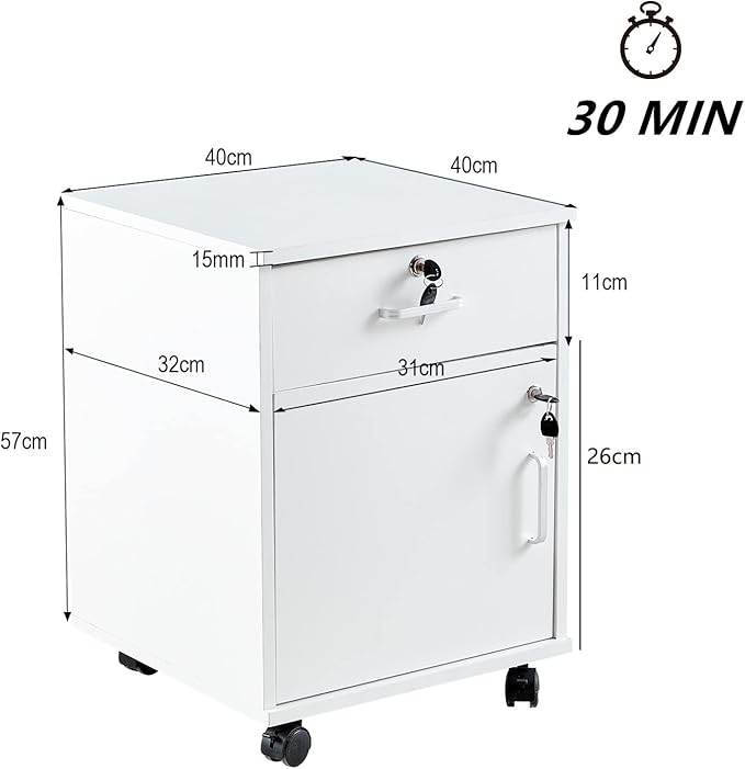 File Cabinet with Lock and Drawer, Mobile Under Desk Storage Cabinet with 360° Swivel Wheels, Wooden Filing Cabinet File Organizer for Legal/Letter/A4 Documents, Home Office Filing Cart (White)