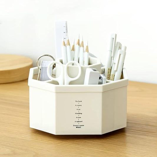 Desk Organizer, 360-Degree Rotating Multi-Functional Pen Holder, 5 Compartments Desktop Stationary Organizer, Home Office Art Supply Storage Box Caddy (White)