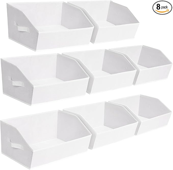 Closet Baskets for Shelves - Decorative Storage Baskets with Handle, Trapezoid Closet Bins for Organization, Shelf Storage Bins for Clothes, Books, Home, Office, 8 Pack, White