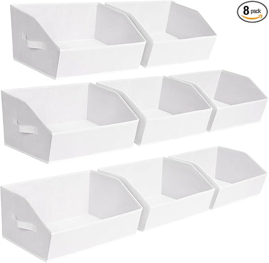 Closet Baskets for Shelves - Decorative Storage Baskets with Handle, Trapezoid Closet Bins for Organization, Shelf Storage Bins for Clothes, Books, Home, Office, 8 Pack, White