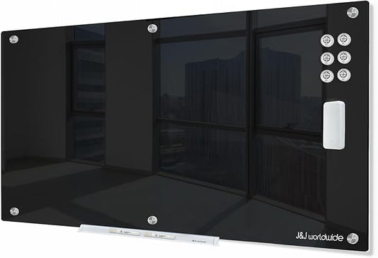 J&J worldwide Glass Whiteboard 6' x 4', Magnetic Black Glass Dry Erase Board, Black White Board Frameless, Includes Markers, Magnets, Marker Tray, Eraser for Wall, Office, Home, School