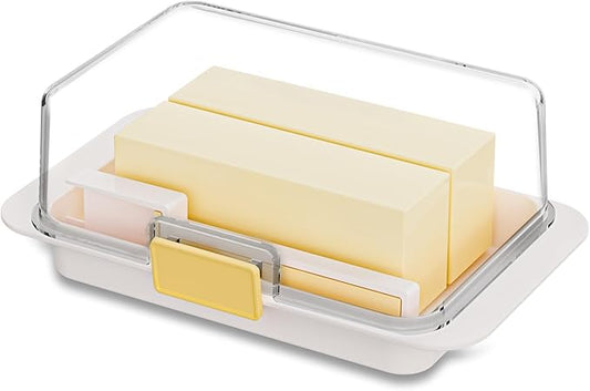 White Airtight Butter Dish with Lid for Countertop, Stylish Container with Cutter Knife, Large Capacity Stick Holder for East/West Coast Butter, Keeper&Tray Fit Refrigerator or Camping Use