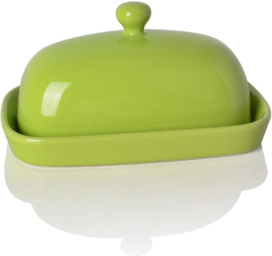Sweejar Ceramic Butter Dish with Lid for Countertop,Porcelain Butter Keeper with Knob Handle,Butter Container for East/West Coast Butter, 7.1*3.7 inches (Green)