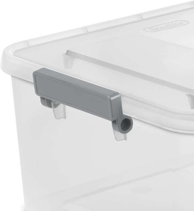 (3 Pack) 12.7 Quart Clear Plastic Modular Storage Containers with Write-On Label Latches - Gray Stackable Organizer Boxes for Home, Office, Closet, Garage & Pantry Organization