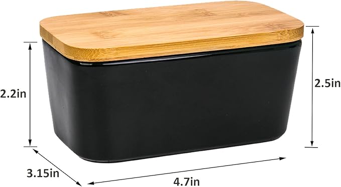 Butter Dish with Lid, Porcelain Keeper with Wood Lid Cover for Butter, Microwave Safe Easy Clean Butter Storage Container for Countertop and Refrigerator (Black 10oz)