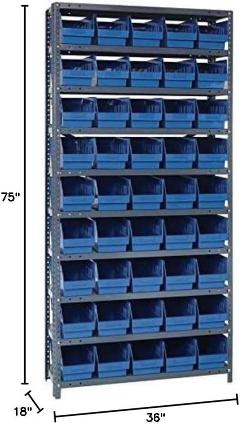 Quantum Storage Systems 1875-204BL Store More Steel Shelving Unit with 6" Shelf Bins, 18" D x 36" W x 75" H, Blue