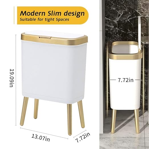 Procade 2Pack White Trash Can with Lid, Bathroom Trash Can with Gold Edge, Narrow Modern Garbage Can for Bedroom, Slim Plastic Trash Bin for Room,Kitchen, Living Room, Office,4 Gallon