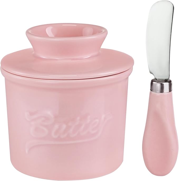Ceramic Butter Crock with Lid & Spreader Knife, Butter Keeper - Ideal Butter Storage & Countertop Butter Dish,Pink