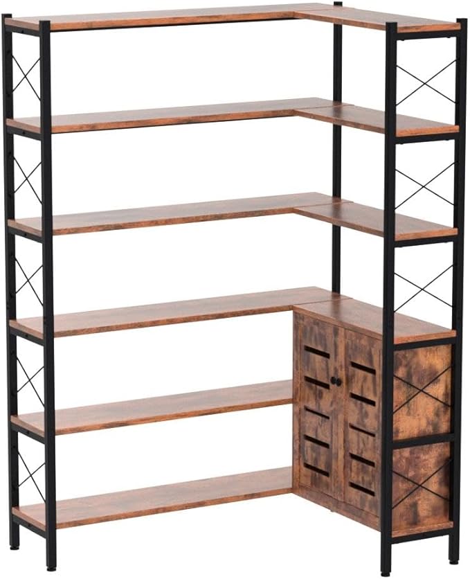 6-Shelf Corner Bookshelf, Vintage Industrial Corner Shelf Etagere Bookcase, Large Book Shelf with Metal Frame Open Storage Corner Cabinet (Brown-Lockers)