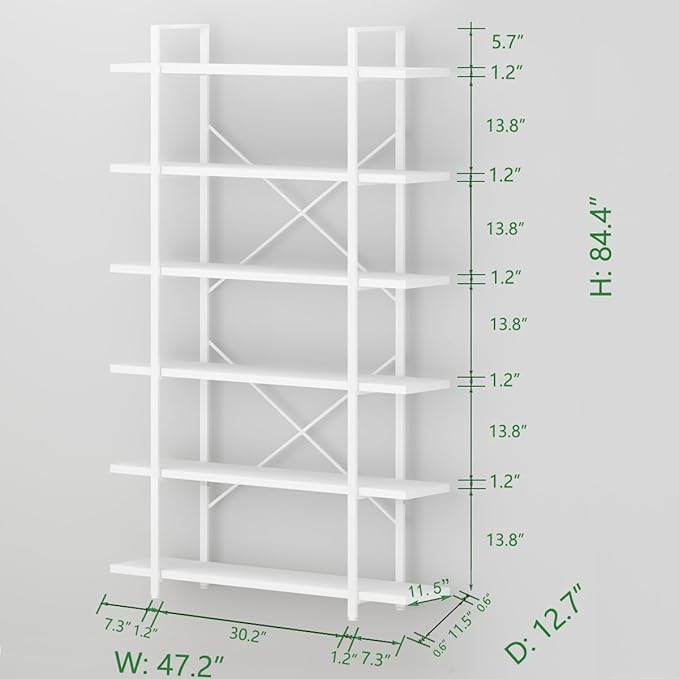 HSH 6 Tier Tall White Bookshelf, Industrial Modern Vertical Metal and Wood White Bookcases 6 Shelf,Farmhouse Open Large Storage Book Shelves & Display Book Shelf for Bedroom Living Room Office