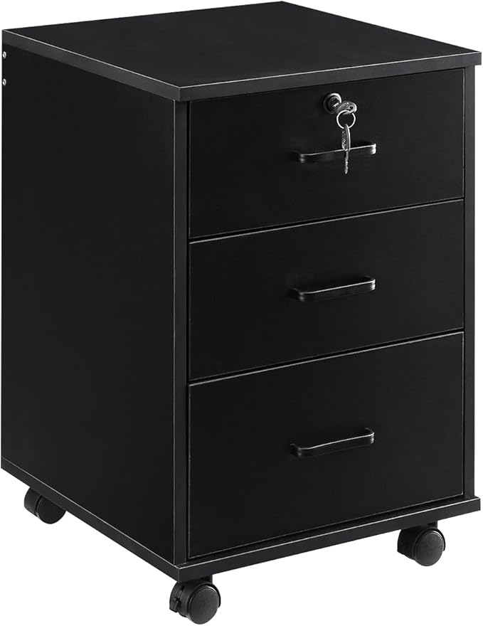 File Cabinet with Lock 3 Drawer Mobile Filing Cabinet with 360° Swivel Wheels, Under Desk Storage Cabinet Wooden File Organizer for Legal/Letter/A4 Documents, Home Office Storage (Black)