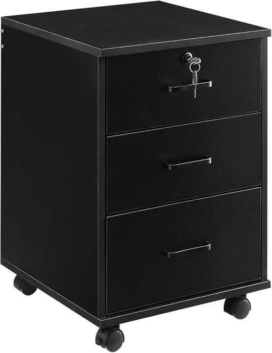 File Cabinet with Lock 3 Drawer Mobile Filing Cabinet with 360° Swivel Wheels, Under Desk Storage Cabinet Wooden File Organizer for Legal/Letter/A4 Documents, Home Office Storage (Black)
