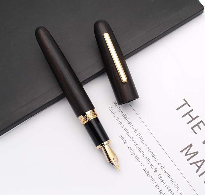 JINHAO 9056 Natural Wood Fountain Pen Handmade Ink Pen (Ebony Wood, Fine Nib 0.5mm)