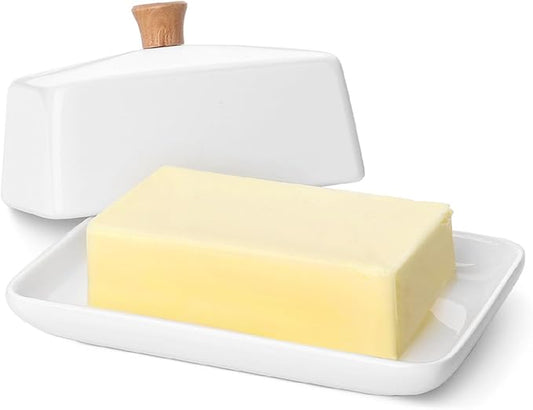 Flexzion Ceramic White European Butter Dish with Lid for Countertop (Large) - Wide 2 Stick Double Butter Holder for Counter, Cream Cheese Container Storage Keeper