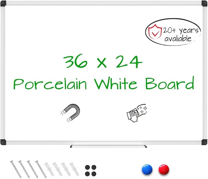 XBoard Porcelain Magnetic Dry Erase Board 36 x 24 Inch, Porcelain Whiteboard with Aluminium Frame & Marker Tray 3' x 2' | Wall Mounted Magnetic White Board for Home School Office