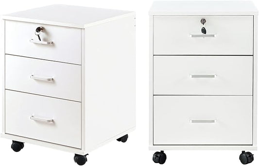 TUKAILAi Mobile File Cabinet with 3 Drawers, Lockable Storage Unit Wooden Rolling Office Filing Cabinet with Wheels, for Legal/Letter/A4 Sized Documents Home Office (White 2PCS)