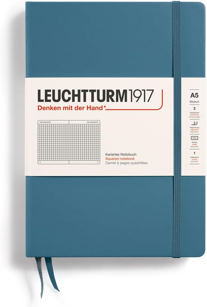 LEUCHTTURM1917 - Notebook Hardcover Medium A5-251 Numbered Pages for Writing and Journaling (Stone Blue, Squared)