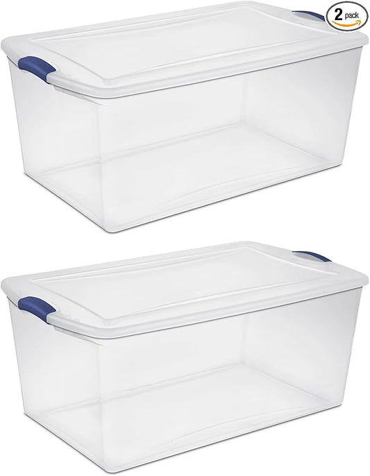 2-Pack 105 Quart Heavy Duty Plastic Storage Bins, Stackable Containers with Clear Lids & Blue Latches for Bedding, Clothing, Holiday Decor - Ideal for Garage & Closet