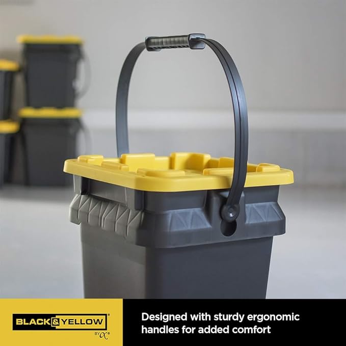 CX BLACK & YELLOW, 5-Gallon Heavy Duty Bucket Tough Storage Container & Snap-Tight Lid, (14.9H x 12W x 13D), Weather-Resistant Design and Stackable Organization Tote [3 Pack]