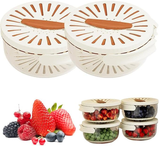 Multi-Functional Fruit and Vegetable Washing Bowl, Fruit Strainer Container with Lid, 2 In 1 Sealed Drainer Basket, Drainer and Freshness Basket, Kitchen Tool with Foldable Handle (Brown 2pcs)