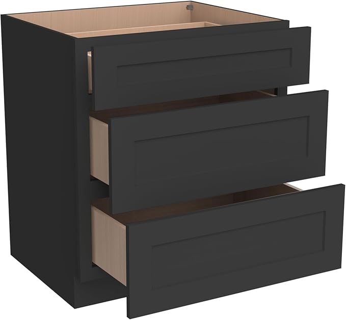 Shaker Style Charcoal Black RTA Base Cabinet with Drawers - Solid Wood 3-Drawer Design with Soft Close, 24" W x 24" D x 34.5" H, Perfect for Standalone Use or Kitchen Cabinet Combinations