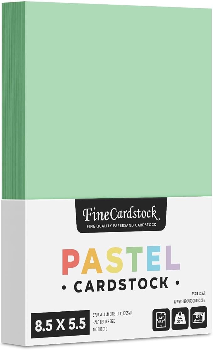 Half Letter Size, 8.5" x 5.5" Pastel Color Cardstock Paper for Arts and Crafts, Scrapbooking, Stationery Printing | Medium Weight 67lb Vellum Bristol (147gsm) Card Stock | 100 Sheets per Pack | Green