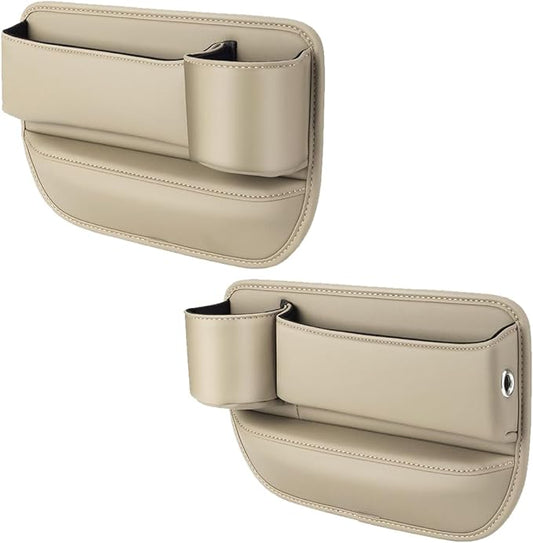 2-Pack Car Leather Cup Holder Gap Bag, Adjustable Car Seat Gap Storage Box Leather with Cup Holder for Phones Glasses Keys Cards (Beige. Driver- Passenger)