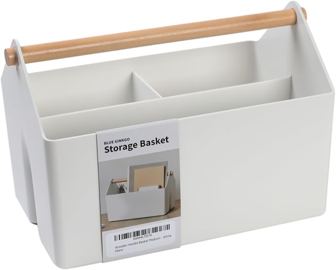 BLUE GINKGO Medium Storage Basket – Plastic Caddy with Wooden Handle for Office, Arts & Crafts, or Home Supplies (White)