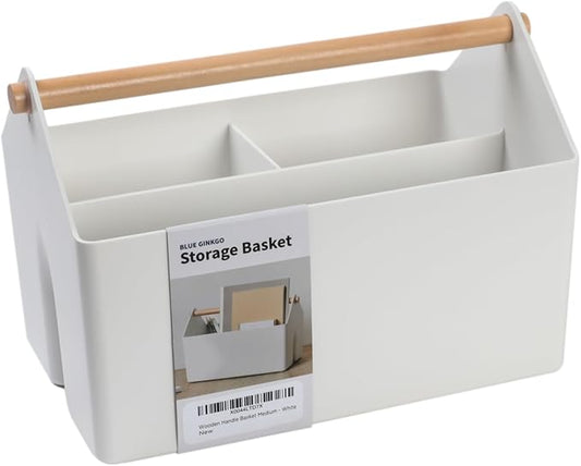 BLUE GINKGO Medium Storage Basket – Plastic Caddy with Wooden Handle for Office, Arts & Crafts, or Home Supplies (White)