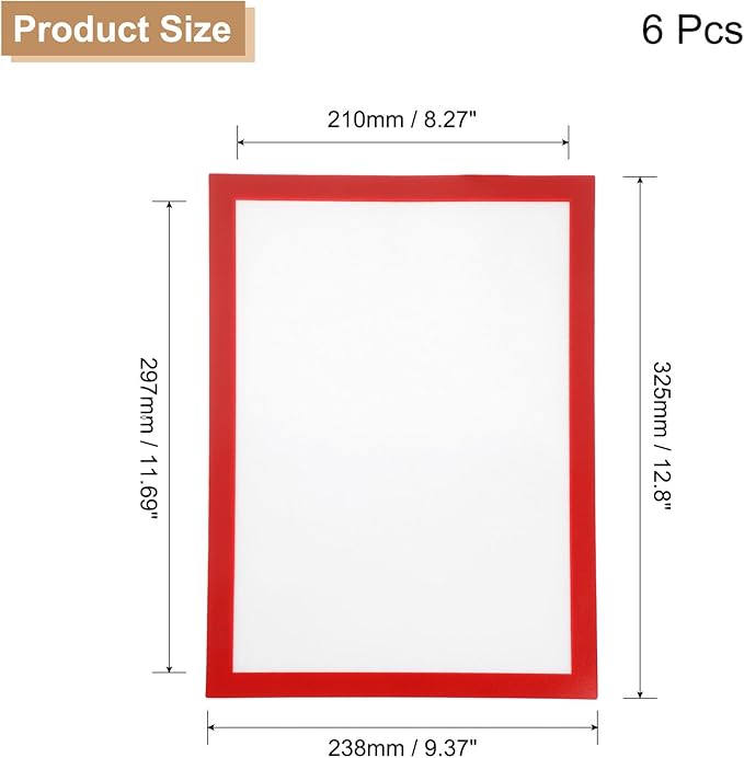 uxcell 6 Pcs Magnetic Sign Holder, 8.3" x 11.7" Self-Adhesive Magnetic Wall Signs Holder Magnetic Picture Frame Document Holder for Home Office Wall Window Displays, Red