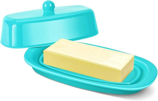 Flexzion Ceramic Blue European Butter Dish with Lid for Countertop (7 Inch) - 1 Stick Butter Holder for Counter, Cream Cheese Container Storage Keeper
