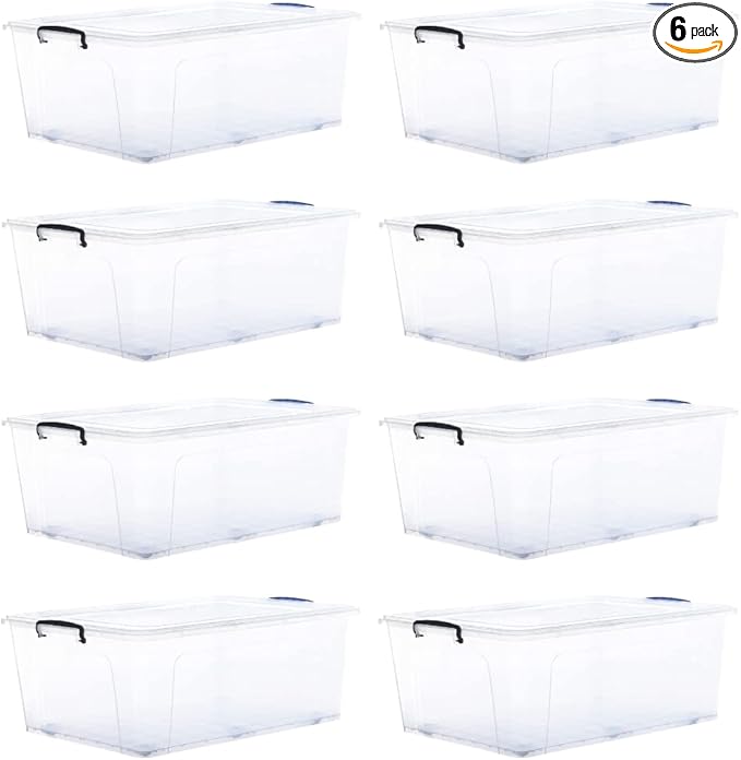 Superio Storage Bins with Lids- Clear Boxes for Organizing, Stackable Plastic Containers- BPA Free, Non-Toxic, Odor Free, Organizer for Home, Office, Dorm (8 Pack, 32 Qt (Wheeled))