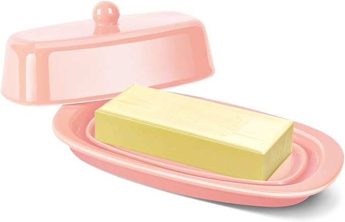 Flexzion Ceramic Pink European Butter Dish with Lid for Countertop (7 Inch) - 1 Stick Butter Holder for Counter, Cream Cheese Container Storage Keeper