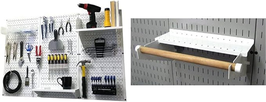 Wall Control Pegboard Organizer 4 ft. Metal Pegboard Standard Tool Storage Kit & Pegboard Paper Towel Holder and Dowel Rod Pegboard Shelf Assembly for Pegboard and Slotted Tool Board – White