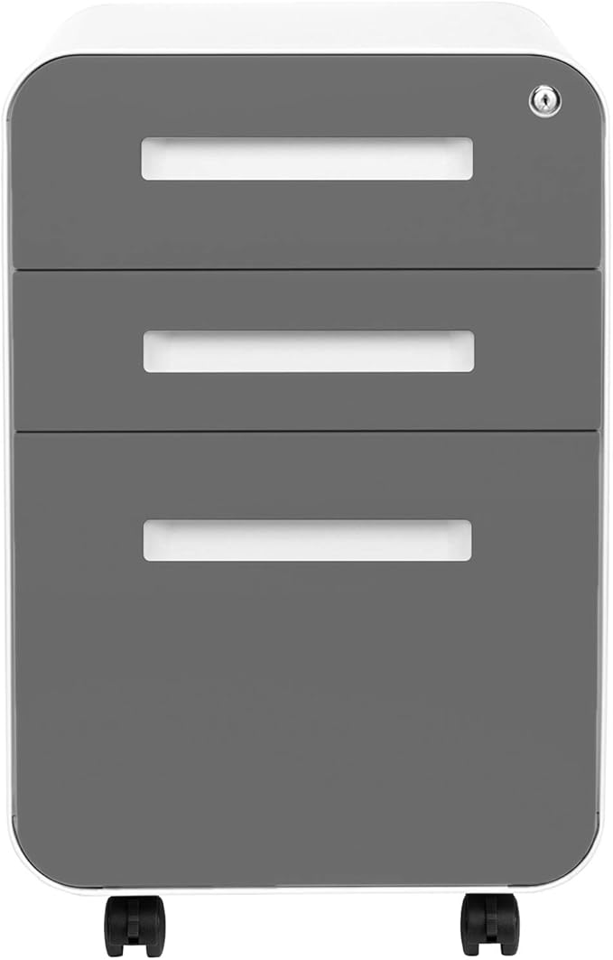 Laura Davidson Furniture Stockpile 3 Drawer File Cabinet with Lock - Under Office Desk Metal Filing Cabinet, Legal/Letter File Folders, Wheels and Stationary Feet, Pre-Assembled, Dark Grey Faceplate