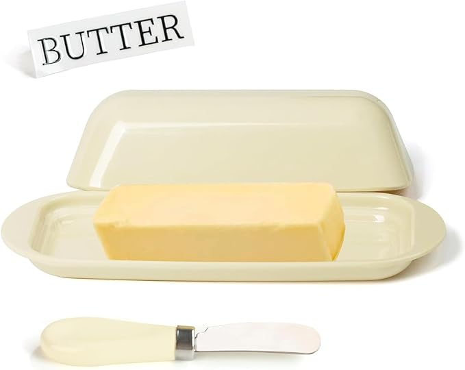 Butter Dish with Lid and Knife, Durable Countertop & Fridge Butter Keeper, BPA-Free Melamine Butter Container, Dishwasher Safe, Fits East/West Coast Butter Sticks (Cream)