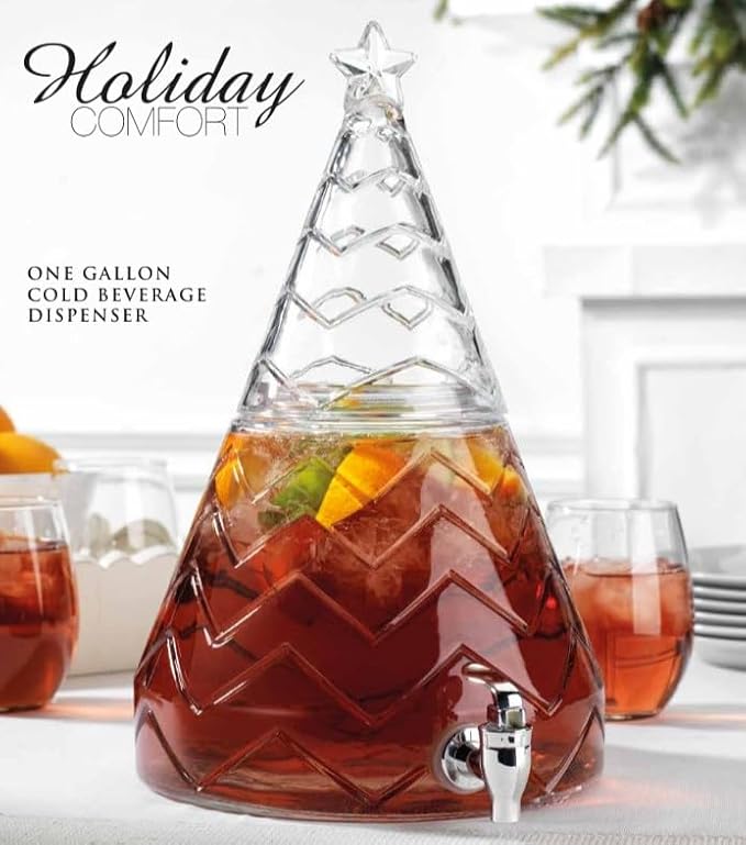 Christmas Tree Glass Drink Dispenser - Glass Beverage Dispenser For Christmas Party & decorations - Gift Ready Packaging With 100% Leakproof Spigot 1 GALLON