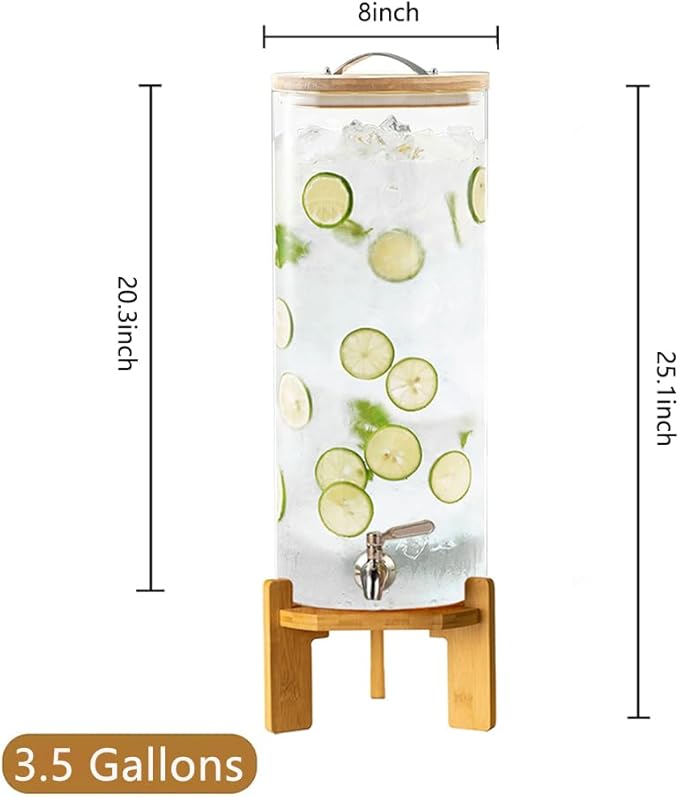 Beverage Dispenser, 3.5 Gallon Glass Drink Dispenser with Stand, Glass water dispenser with Spigot, Large Drink Dispensers for Parties,Bars,Restaurants, 13L