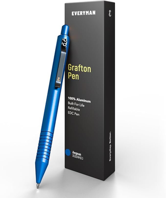 Everyman Grafton Full Click Refillable 0.7mm Ball Point Pen, Aegean | Sleek Anodized Aluminum EDC Pen with Deep Grooved Grip | Smooth Writing Pocket Pen for Office, Travel, Gifting & Daily Use