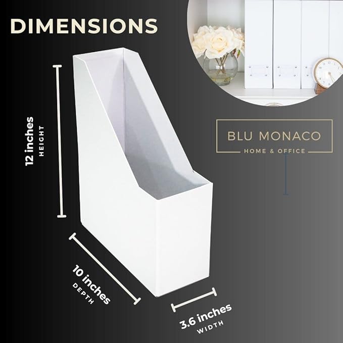 BLU MONACO Set of 6 Foldable White Magazine File Holder with White Leather Label Holders – Stylish Cardboard Desk Organizer Vertical File Organizers Magazine Storage for Workspace and Shelves