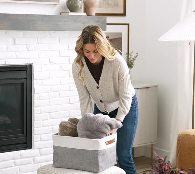 OrganiHaus Extra Large Fabric Storage Baskets for Shelves 3 Pack, 16x13in Closet Storage Bins for Shelves, Canvas Baskets for Organizing, Linen Closet Organizers, Cloth Basket, Beige/Off-White