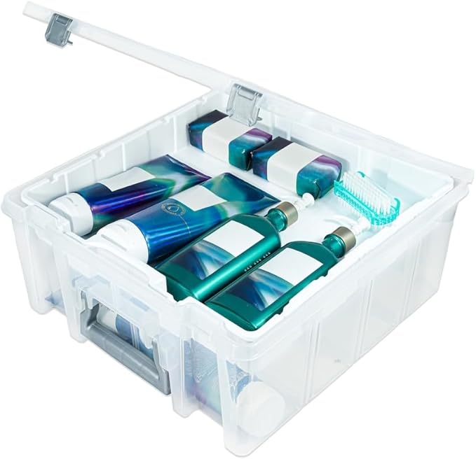 Best Kept Super Satchel Double Deep with Lift-Out Tray and Removable Dividers, Stackable Home Storage Organization Container, Clear with Sliver Latches and Handle