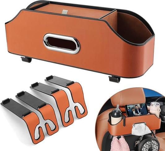 Car Seat Back Organizer - Stylish & Functional Storage for Family Adventures - Cup Holders, Tissue Box & Hooks - Perfect for Kids, Road Trips & Travel (Orange)