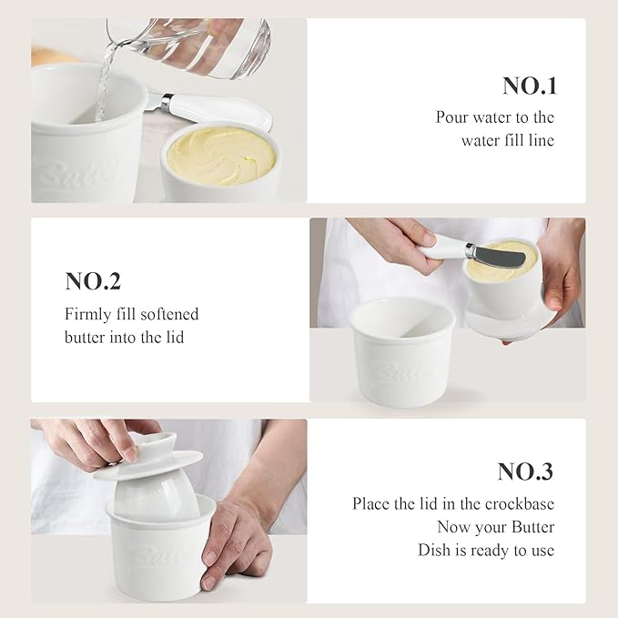 Ceramic Butter Crock with Lid & Spreader Knife, Butter Keeper - Ideal Butter Storage & Countertop Butter Dish, White