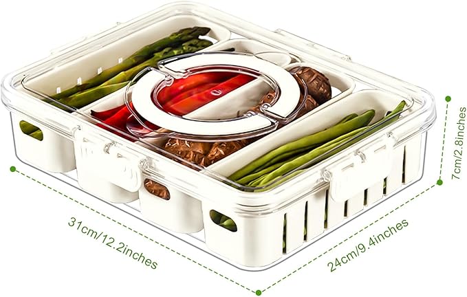 shopwithgreen Salad Bar Containers for Fridge with Lid and Handle, Fruit Storage Containers with 4 Removable Colanders, Berry Box Fresh Produce Saver for Fruit, Veggie, Refrigerator, Kitchen, Picnic
